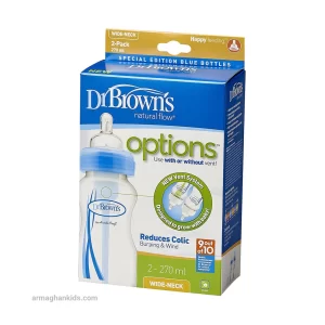 شیشه شیر طلقی 0+ ماه دکتر براون Dr Browns بسته دو عددی ظرفیت 270 میلی لیتر آبی