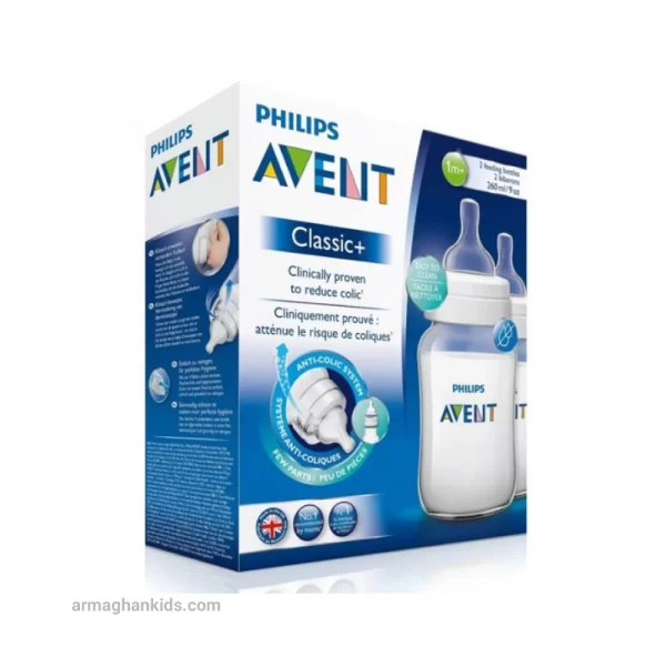 شیشه شیر طلقی 1+ ماه کلاسیک پلاس فیلیپس اونت Philips Avent آبی ظرفیت 260 میلی لیتر بسته دو عددی