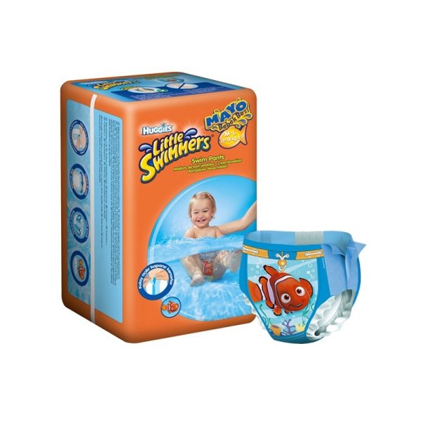 پوشک استخری Little Swimmers برند Huggies، دارای چسب های کناری جهت سهولت در بازکردن پوشک، دارای کش کمر قابل تنظیم، دارای مانع و گارد ضد نشت