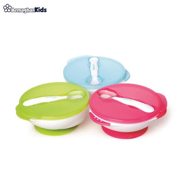 خرید حضوری و آنلاین ظرف غذای کودک چسبان بهمراه قاشق حرارتی کیدزمی | فروشگاه سیسمونی ارمغان
