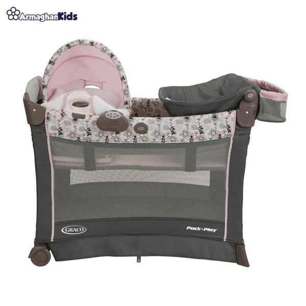graco-packn-play-playard-with-cuddle-cove-premiere-rocking-seat-minnies-garden-1 خرید حضوری و آنلاین تخت و پارک گراکو مدل Pack 'n Play Playard with Cuddle Cove در فروشگاه سیسمونی ارمغان