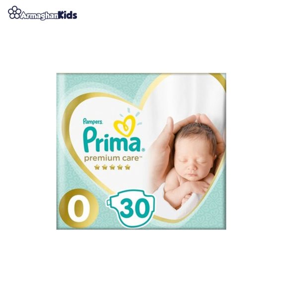 pampers-prima-premium-care-30-pcs-pack خرید حضوری و آنلاین پوشک پمپرز پریما مدل Premium Care سایز 0 بسته 30 عددی در فروشگاه سیسمونی ارمغان کودک